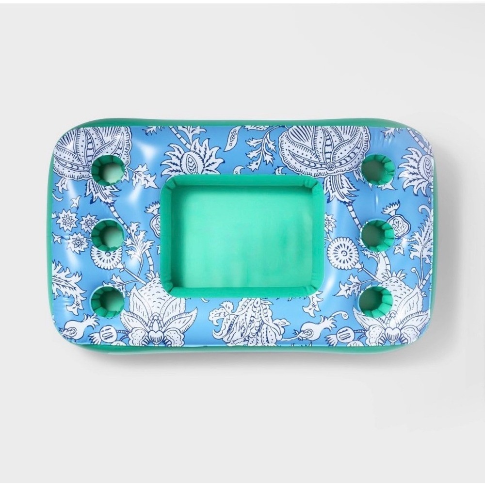 Roller Rabbit x Target Inflatable Pool Tray Blue Floral Floating Drink Holder